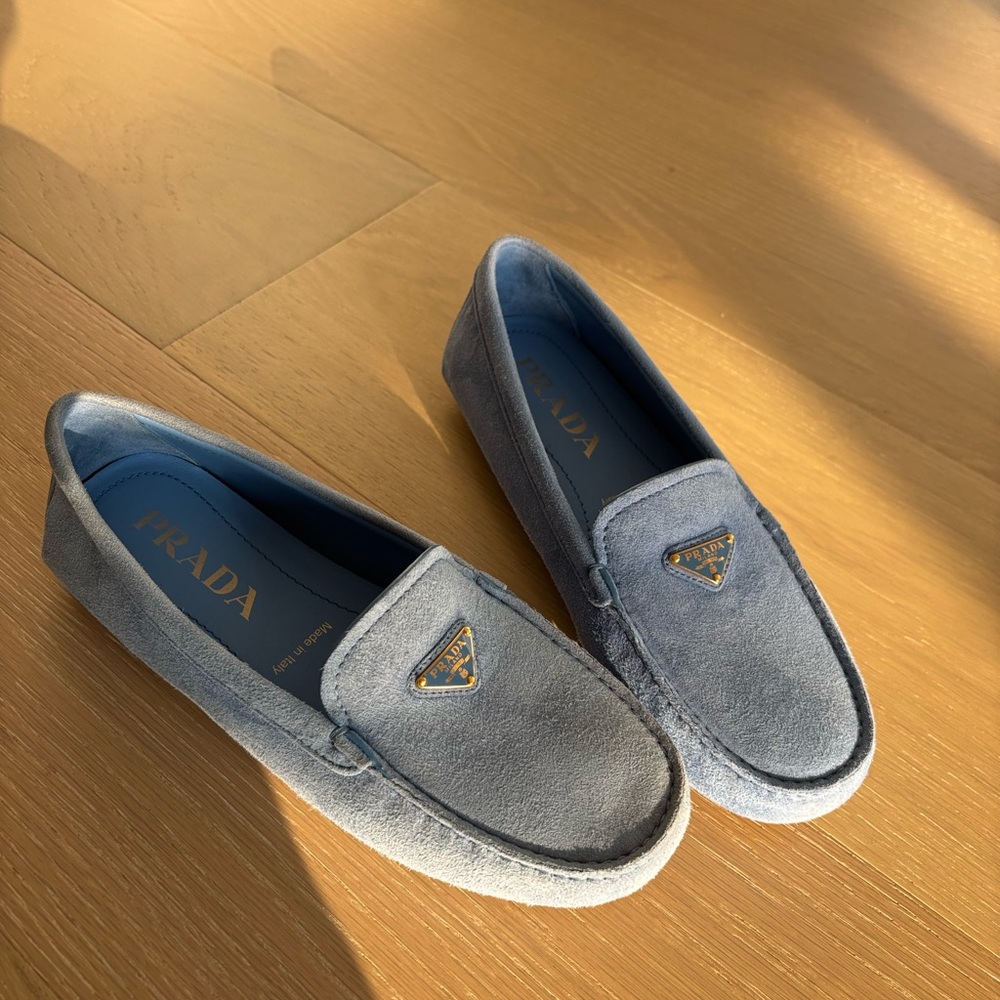 Baby blue, suede Prada Driving Loafers🩵